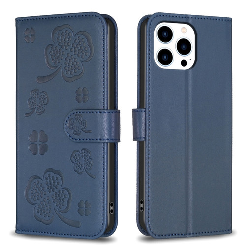 iPhone 15 Pro Max Four-leaf Embossed Leather Phone Case - Blue