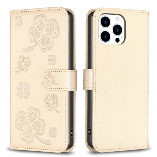 iPhone 15 Pro Max Four-leaf Embossed Leather Phone Case - Gold