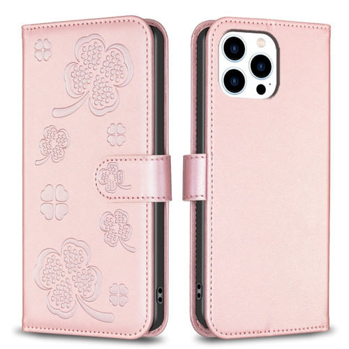 iPhone 15 Pro Max Four-leaf Embossed Leather Phone Case - Pink