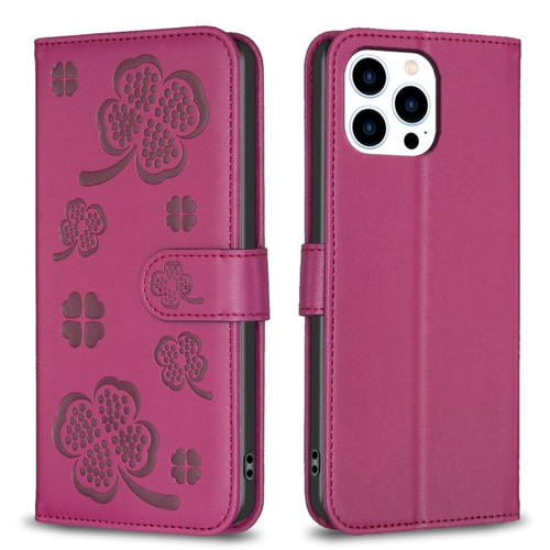 iPhone 15 Pro Max Four-leaf Embossed Leather Phone Case - Rose Red