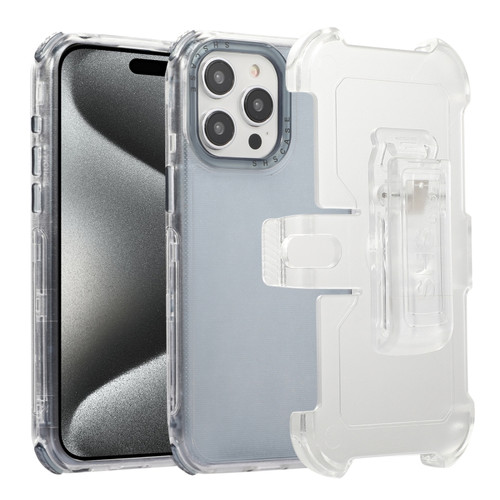 iPhone 15 Pro Max Frosted PC+TPU Phone Case with Back Clip - Transparent Blue