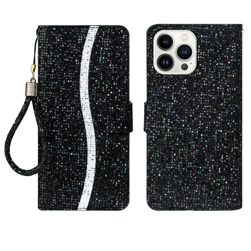 iPhone 15 Pro Max Glitter Powder Filp Leather Phone Case - Black
