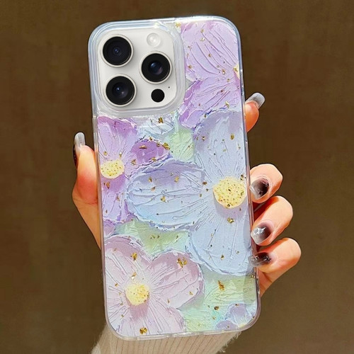 iPhone 15 Pro Max Gold Foil Oil Painting Epoxy TPU Phone Case - Blue and Purple Flowers