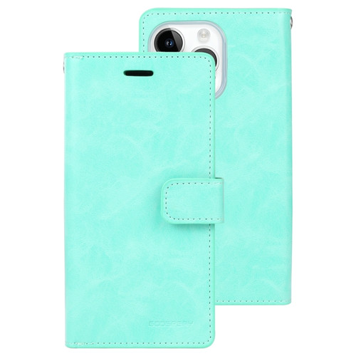 iPhone 15 Pro Max GOOSPERY MANSOOR DIARY 9 Card Slots Leather Phone Case - Mint Green