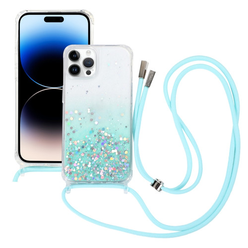 iPhone 15 Pro Max Gradient Glitter Epoxy TPU Thickened Acrylic Phone Case with Round Neck Lanyard - Blue