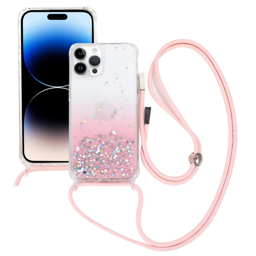 iPhone 15 Pro Max Gradient Glitter Epoxy TPU Thickened Acrylic Phone Case with Round Neck Lanyard - Pink