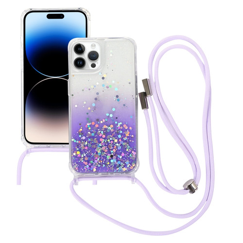 iPhone 15 Pro Max Gradient Glitter Epoxy TPU Thickened Acrylic Phone Case with Round Neck Lanyard - Purple