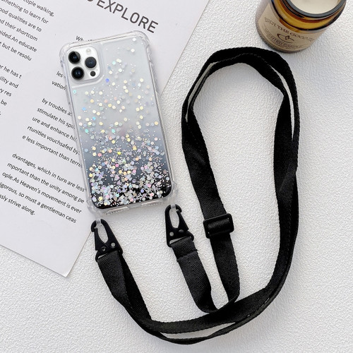 iPhone 15 Pro Max Gradient Glitter Epoxy TPU Thickened Acrylic Phone Case with Wide Lanyard - Black