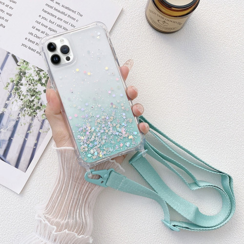 iPhone 15 Pro Max Gradient Glitter Epoxy TPU Thickened Acrylic Phone Case with Wide Lanyard - Blue