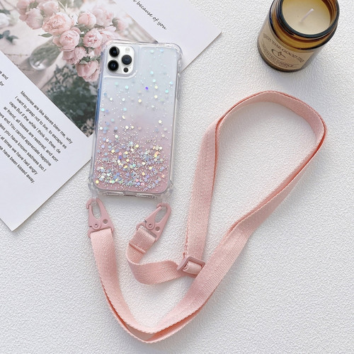 iPhone 15 Pro Max Gradient Glitter Epoxy TPU Thickened Acrylic Phone Case with Wide Lanyard - Pink