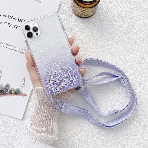 iPhone 15 Pro Max Gradient Glitter Epoxy TPU Thickened Acrylic Phone Case with Wide Lanyard - Purple