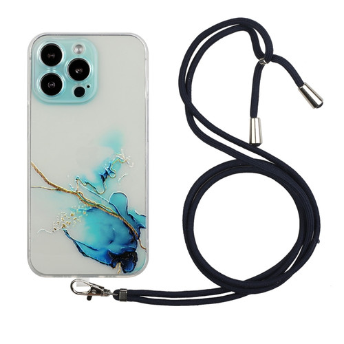 iPhone 15 Pro Max Hollow Marble Pattern TPU Shockproof Phone Case with Rope - Blue