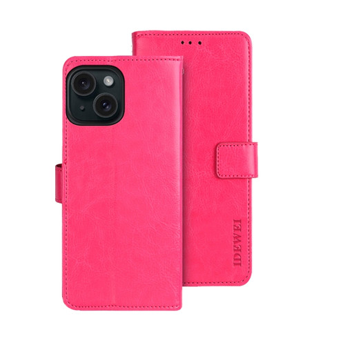 iPhone 15 Pro Max idewei Crazy Horse Texture Leather Phone Case with Holder - Rose Red