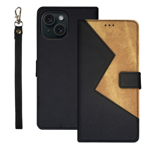 iPhone 15 Pro Max idewei Two-color Splicing Leather Phone Case - Black