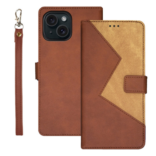 iPhone 15 Pro Max idewei Two-color Splicing Leather Phone Case - Brown