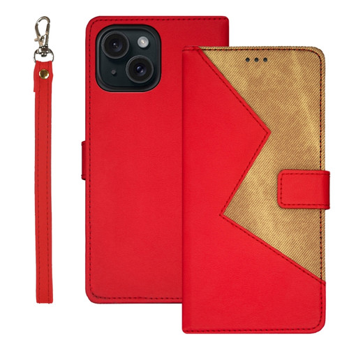 iPhone 15 Pro Max idewei Two-color Splicing Leather Phone Case - Red