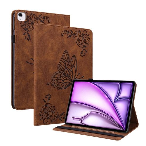 iPad Air 11 2024 Butterfly Flower Embossed Leather Tablet Case - Brown
