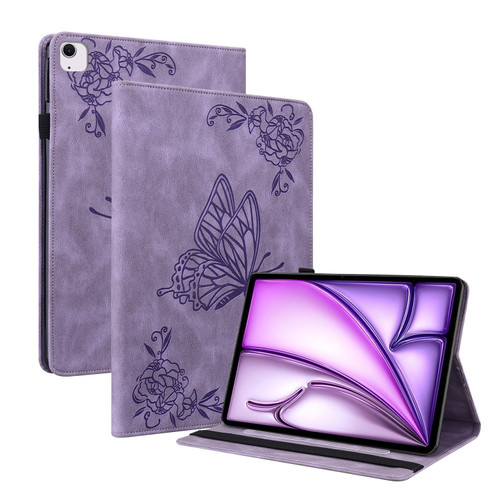 iPad Air 11 2024 Butterfly Flower Embossed Leather Tablet Case - Purple