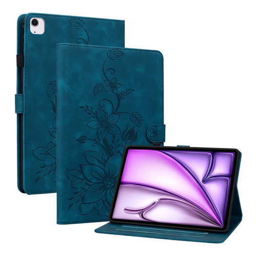 iPad Air 11 2024 Lily Embossed Leather Smart Tablet Case - Dark Blue