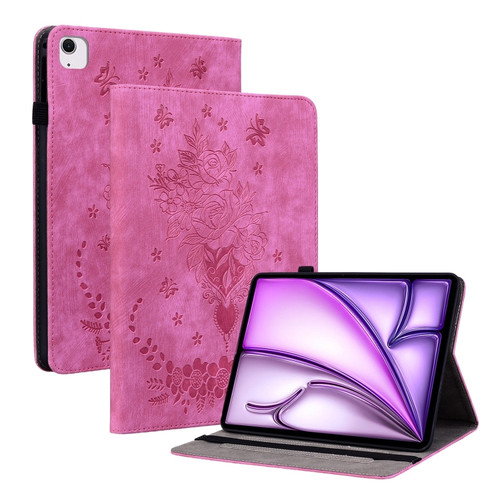 iPad Air 11 2024 Butterfly Rose Embossed Leather Smart Tablet Case - Rose Red