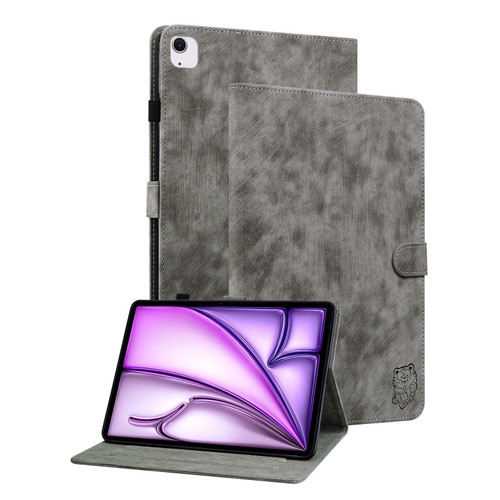 iPad Air 11 2024 Embossed Tiger Pattern Leather Tablet Case - Grey