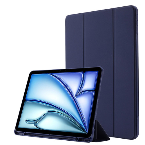 iPad Air 11 2024 Skin Feel Tri-fold Leather Tablet Case with Pen Slot - Dark Blue