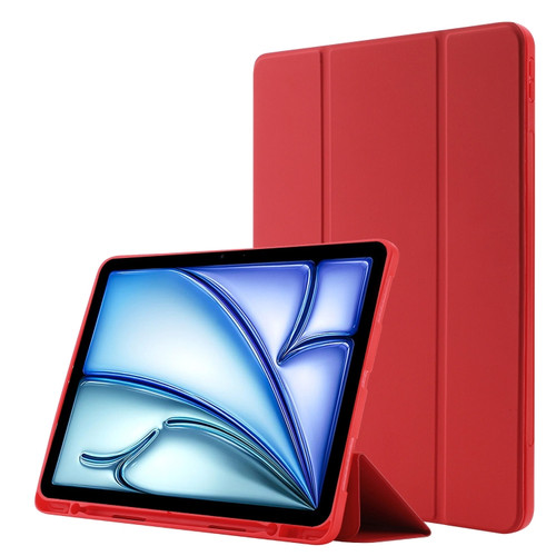 iPad Air 11 2024 Skin Feel Tri-fold Leather Tablet Case with Pen Slot - Red