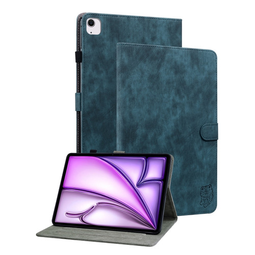 iPad Air 13 2024 Embossed Tiger Pattern Leather Tablet Case - Dark Blue