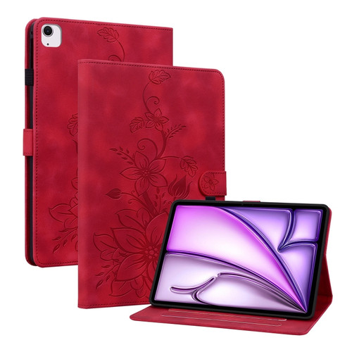 iPad Air 13 2024 Lily Embossed Leather Smart Tablet Case - Red