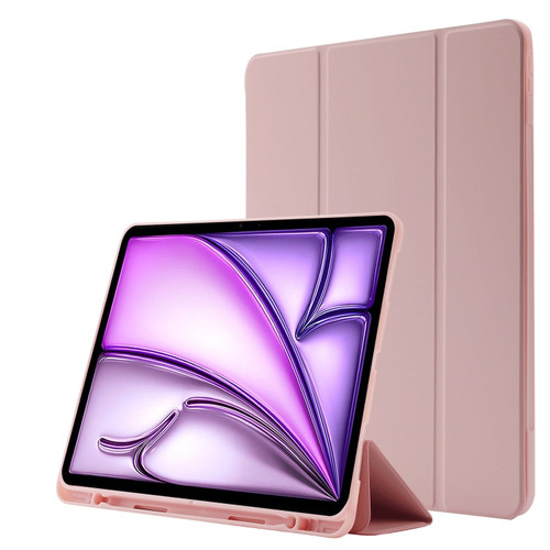 iPad Air 13 2024 Skin Feel Tri-fold Leather Tablet Case with Pen Slot - Pink