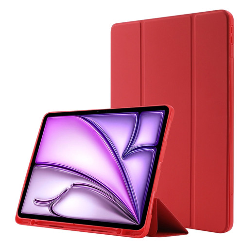 iPad Air 13 2024 Skin Feel Tri-fold Leather Tablet Case with Pen Slot - Red