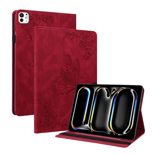 iPad Pro 11 2024 Butterfly Flower Embossed Leather Tablet Case - Red