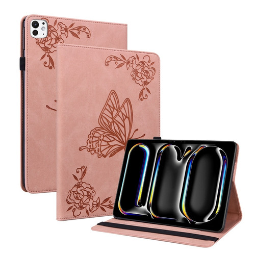 iPad Pro 11 2024 Butterfly Flower Embossed Leather Tablet Case - Rose Gold