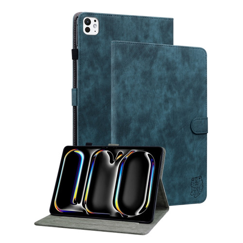 iPad Pro 11 2024 Embossed Tiger Pattern Leather Tablet Case - Dark Blue