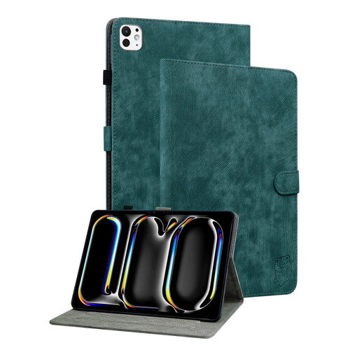 iPad Pro 11 2024 Embossed Tiger Pattern Leather Tablet Case - Dark Green