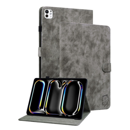 iPad Pro 11 2024 Embossed Tiger Pattern Leather Tablet Case - Grey