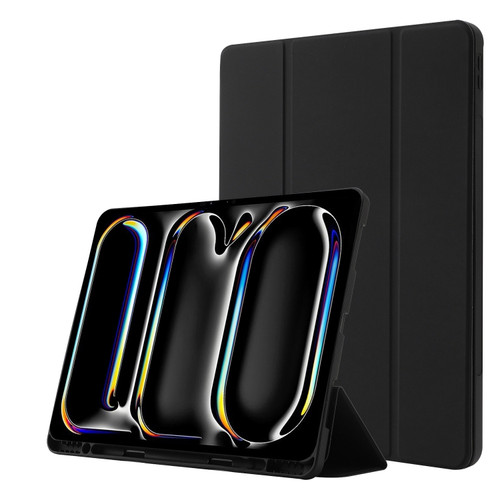 iPad Pro 11 2024 Skin Feel Tri-fold Leather Tablet Case with Pen Slot - Black