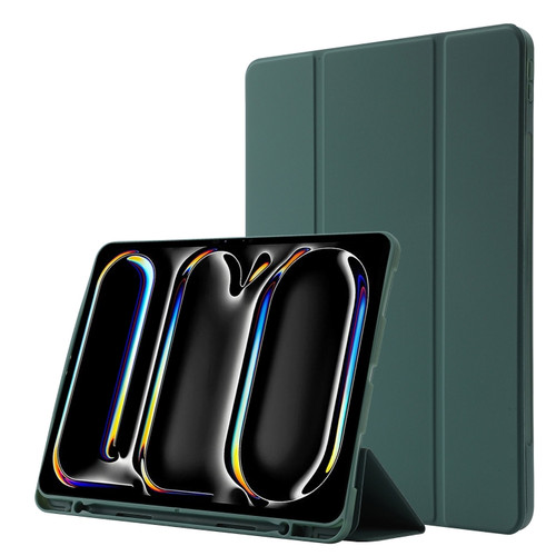 iPad Pro 11 2024 Skin Feel Tri-fold Leather Tablet Case with Pen Slot - Dark Green