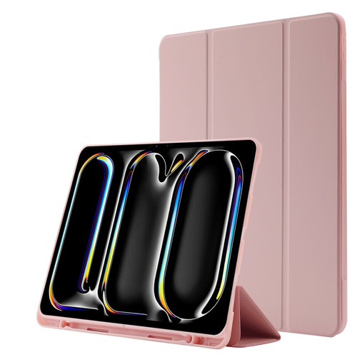 iPad Pro 11 2024 Skin Feel Tri-fold Leather Tablet Case with Pen Slot - Pink