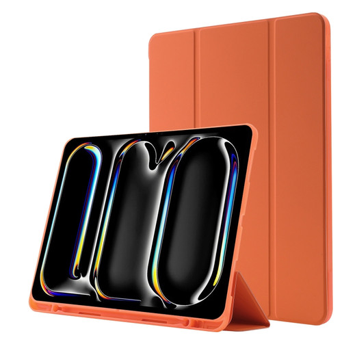 iPad Pro 13 2024 Skin Feel Tri-fold Leather Tablet Case with Pen Slot - Orange