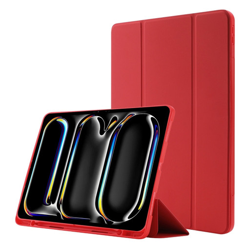 iPad Pro 13 2024 Skin Feel Tri-fold Leather Tablet Case with Pen Slot - Red