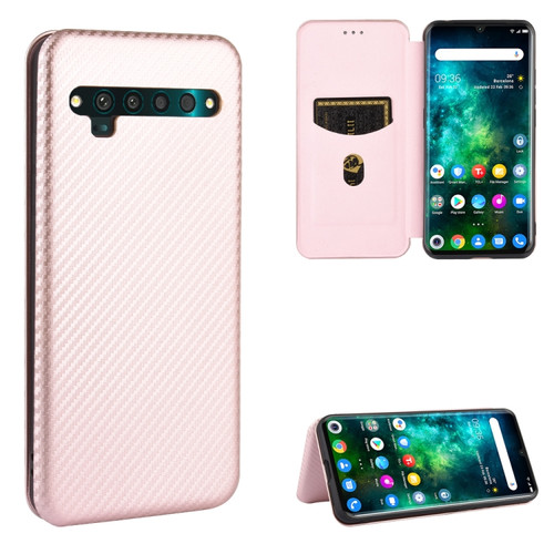 TCL 10 Pro Carbon Fiber Texture Horizontal Flip TPU + PC + PU Leather Case with Card Slot - Pink