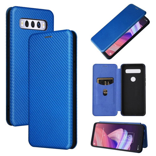 TCL 10 SE Carbon Fiber Texture Leather Phone Case with Card Slot - Blue