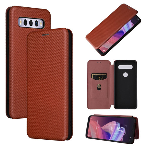 TCL 10 SE Carbon Fiber Texture Leather Phone Case with Card Slot - Brown