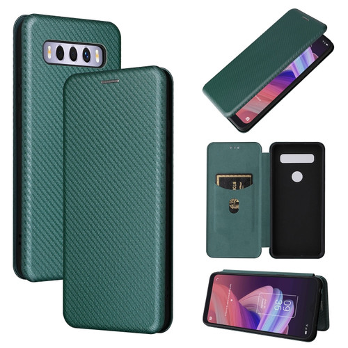 TCL 10 SE Carbon Fiber Texture Leather Phone Case with Card Slot - Green