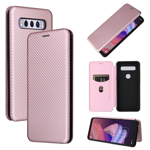 TCL 10 SE Carbon Fiber Texture Leather Phone Case with Card Slot - Pink