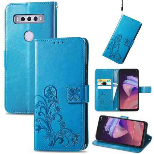 TCL 10 SE Four-leaf Clasp Embossed Buckle Mobile Phone Protection Leather Case - Blue