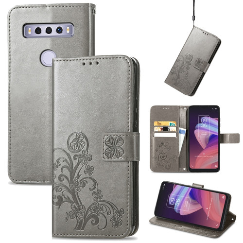 TCL 10 SE Four-leaf Clasp Embossed Buckle Mobile Phone Protection Leather Case - Grey
