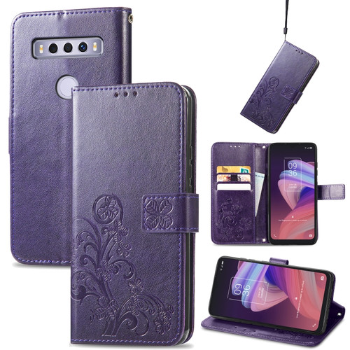 TCL 10 SE Four-leaf Clasp Embossed Buckle Mobile Phone Protection Leather Case - Purple