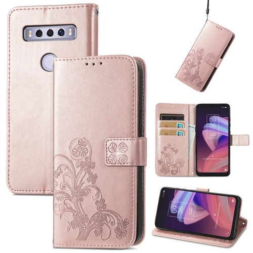 TCL 10 SE Four-leaf Clasp Embossed Buckle Mobile Phone Protection Leather Case - Rose Glod